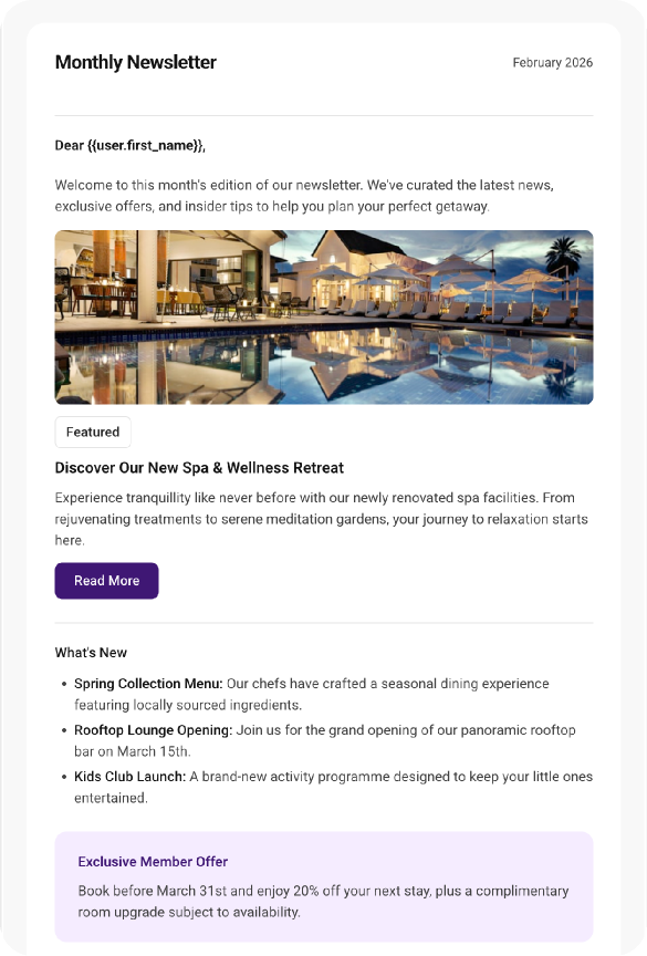Monthly newsletter with personalised content and spa promotion